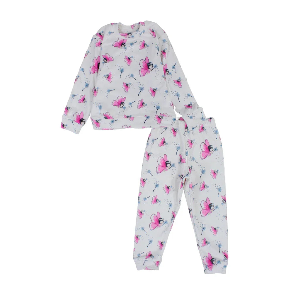 Girls Velvet Thermal Set – White with Pink Butterflies Print