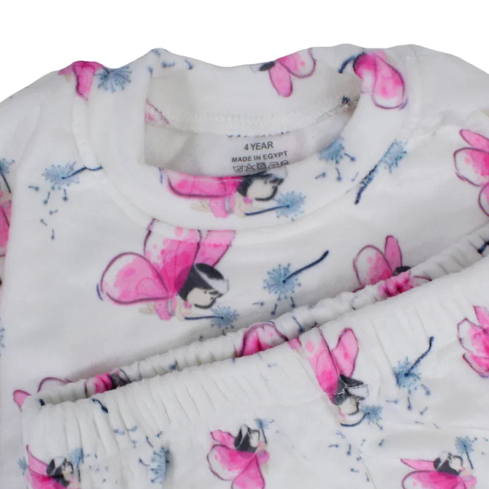 Girls Velvet Thermal Set – White with Pink Butterflies Print