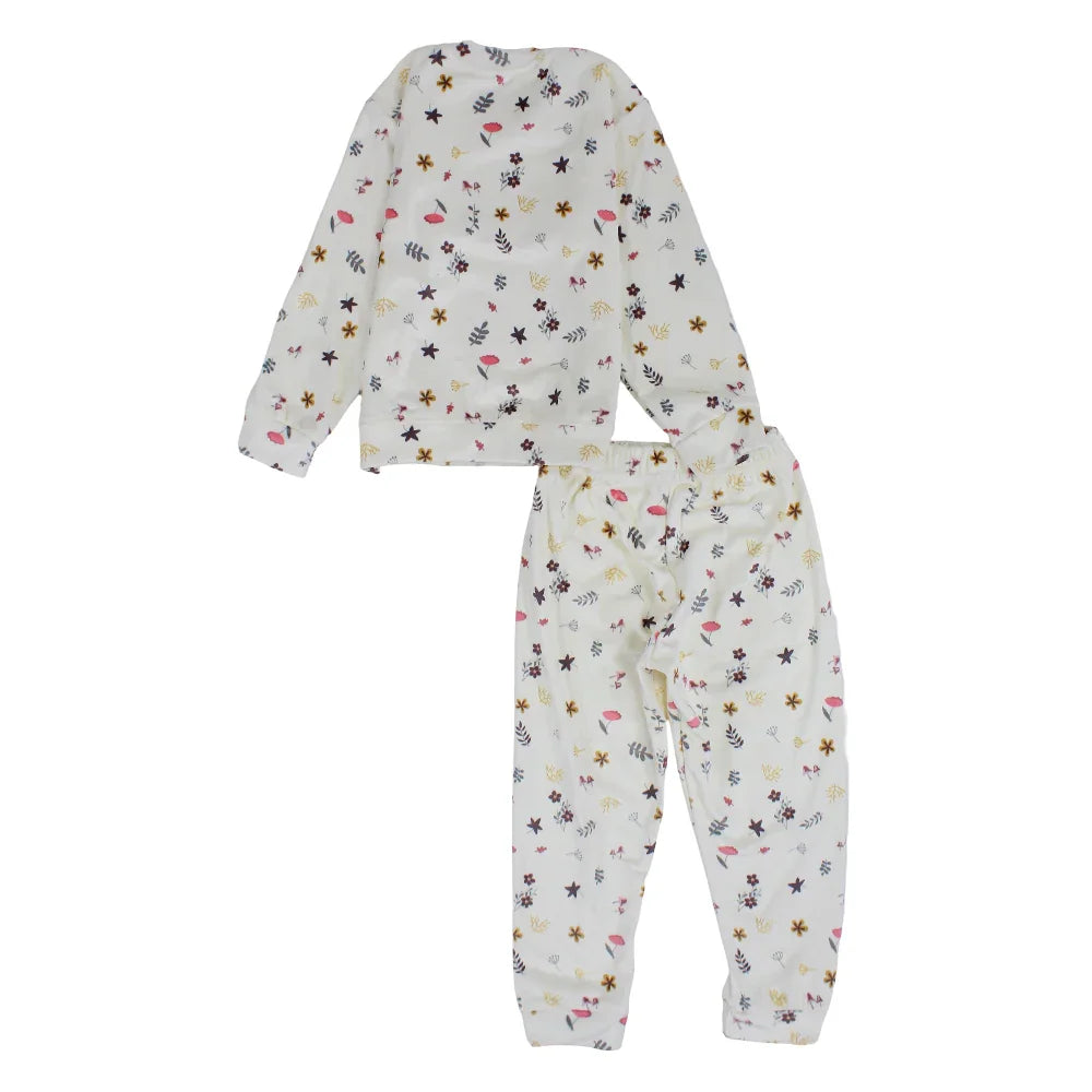 Girls Velvet Thermal Set – Off-White with Flowers Print