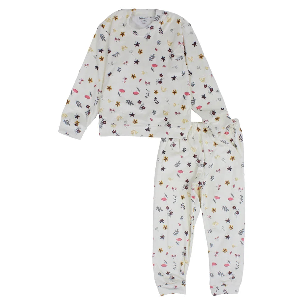 Girls Velvet Thermal Set – Off-White with Flowers Print