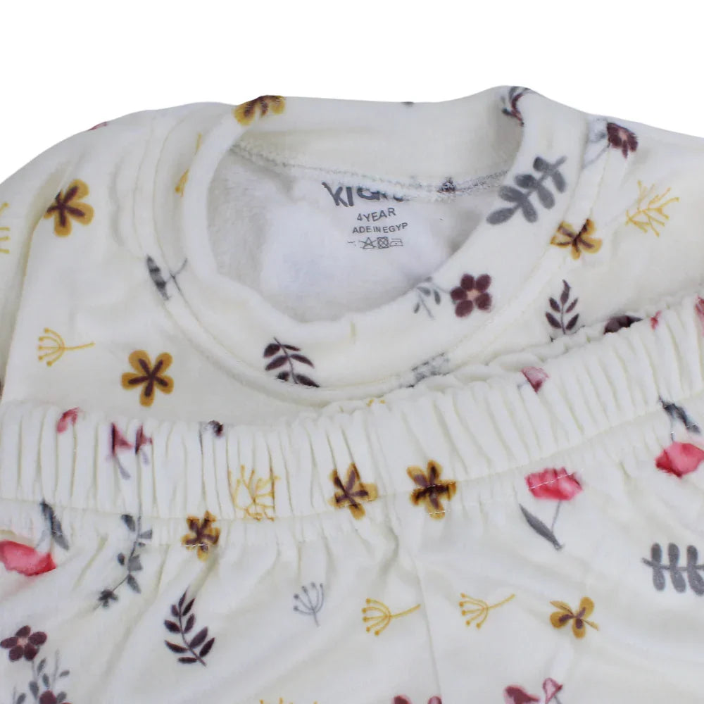 Girls Velvet Thermal Set – Off-White with Flowers Print