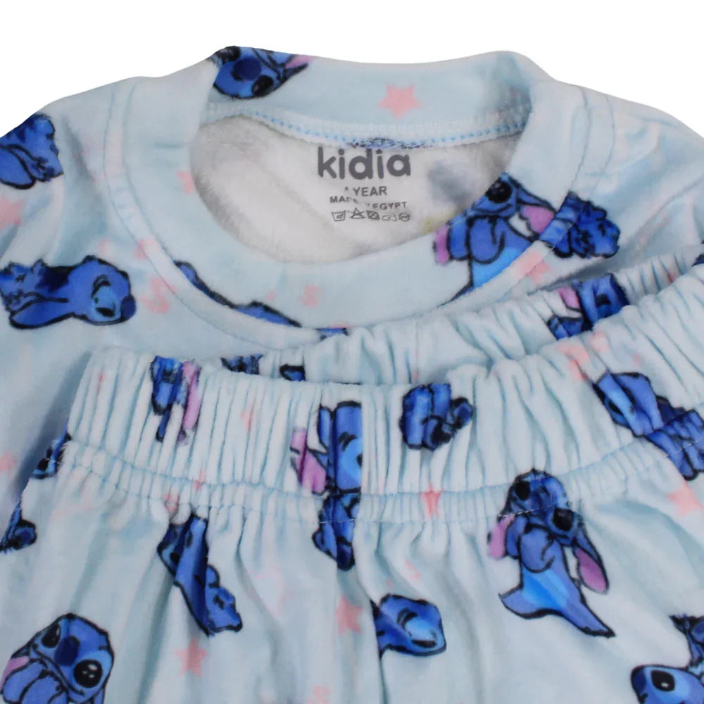 Girls Velvet Thermal Set - Aqua with Stitch Print