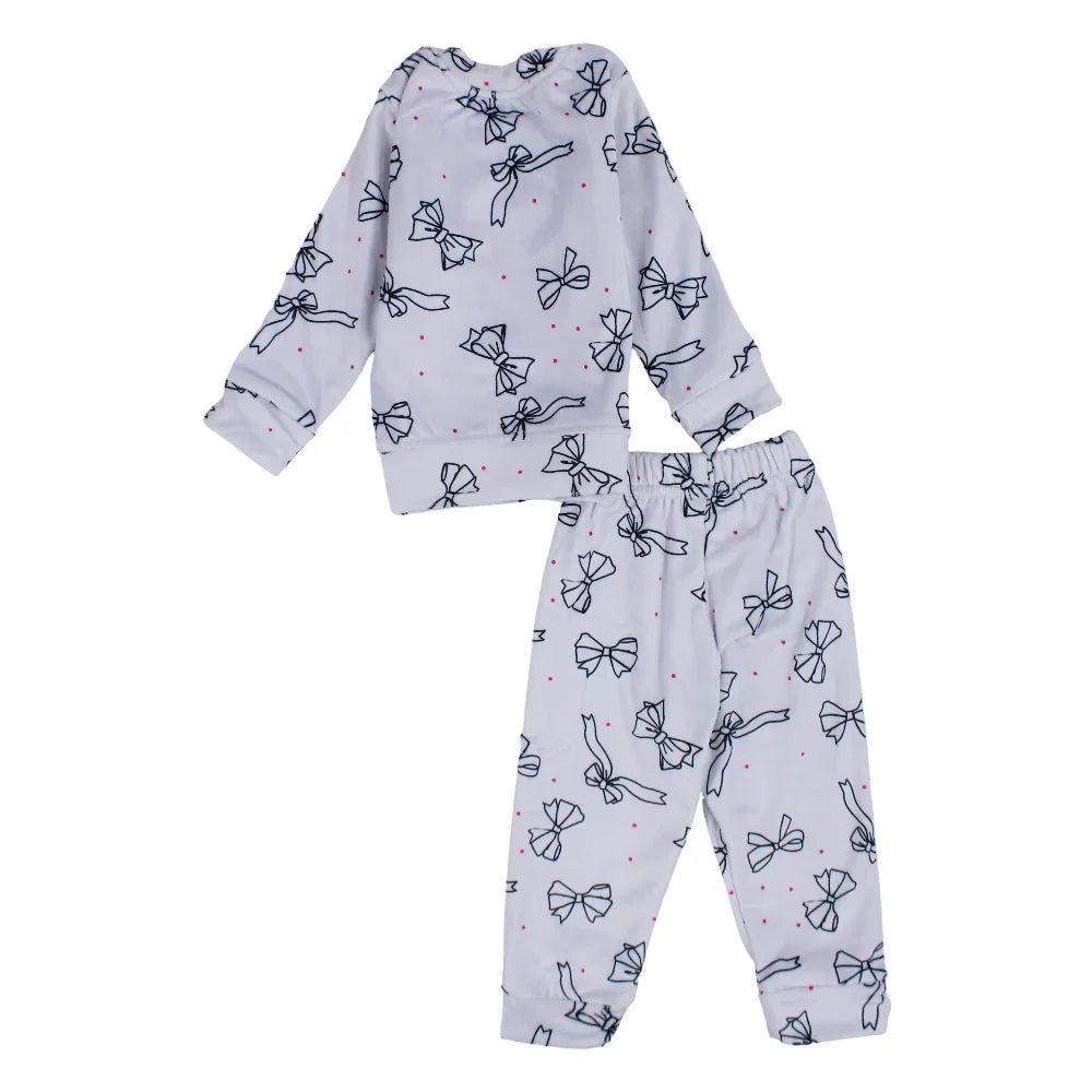 Girls Velvet Thermal Set - Grey with Bows Print