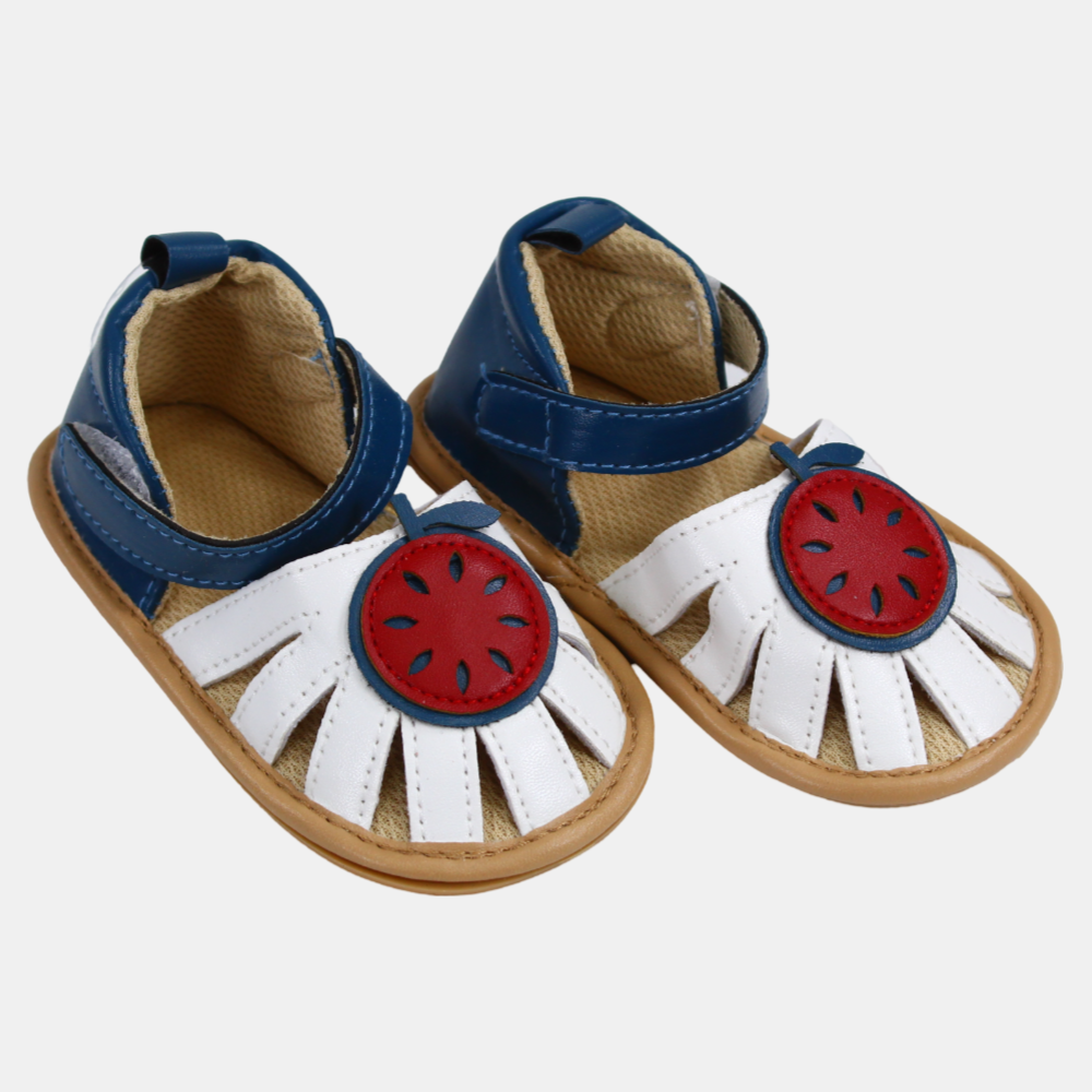 Baby Girls Leather Sandals – White & Navy with Apple Design