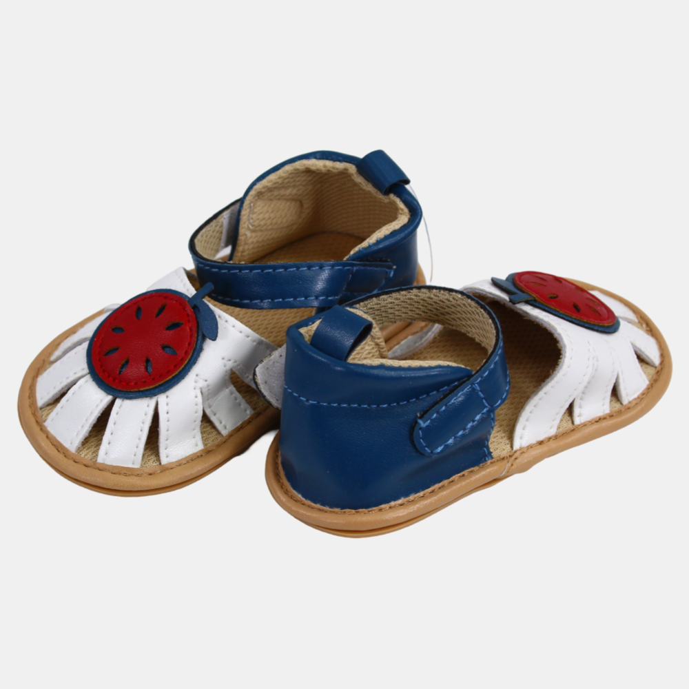 Baby Girls Leather Sandals – White & Navy with Apple Design
