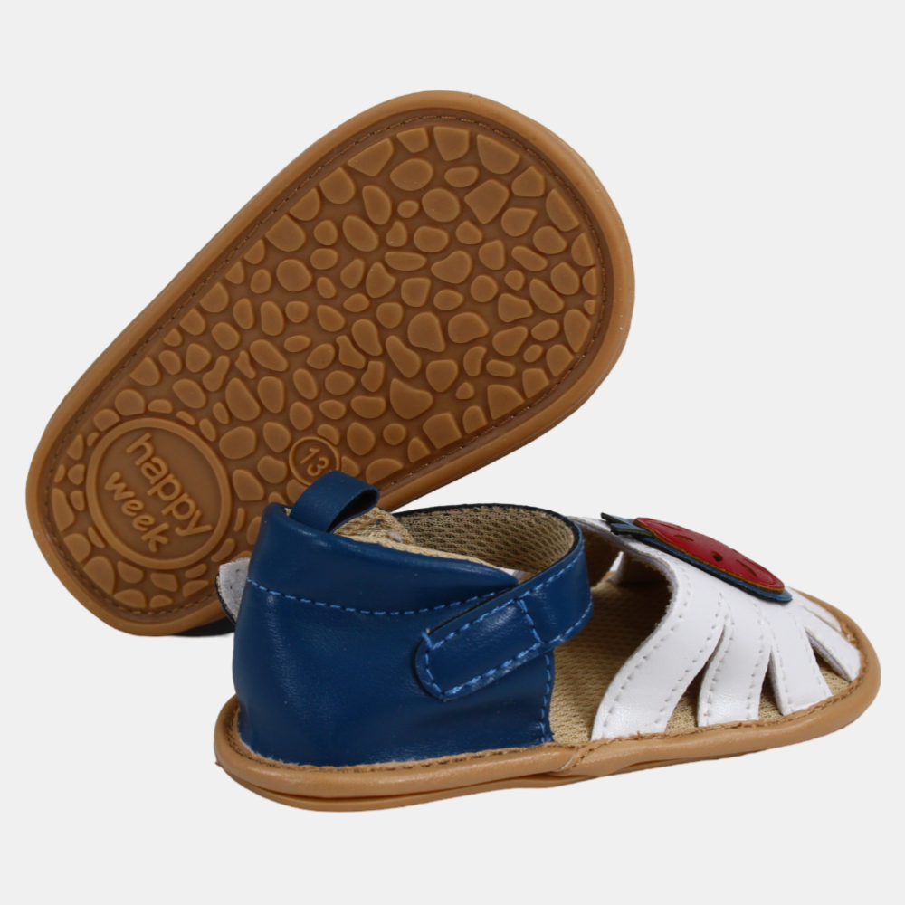 Baby Girls Leather Sandals – White & Navy with Apple Design