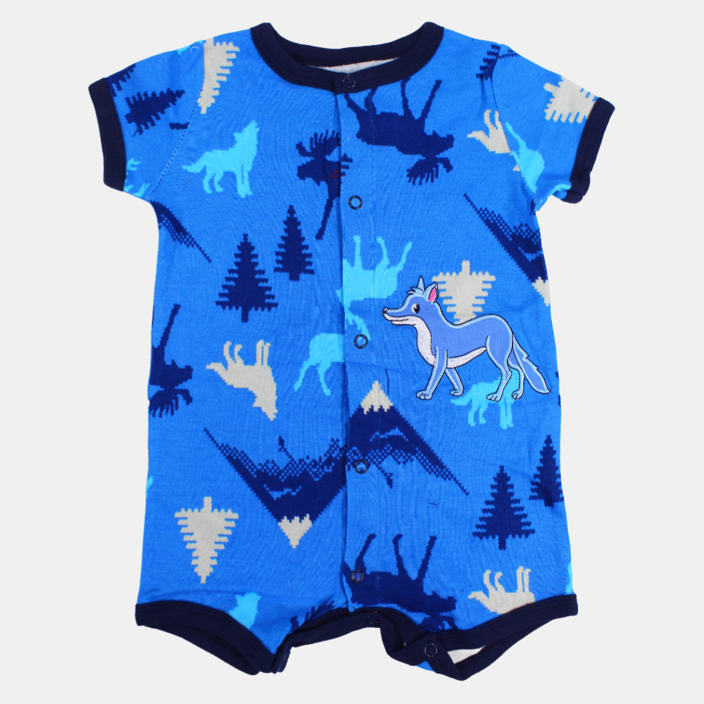 Baby Boys Cotton Romper – Blue with Wolf Design