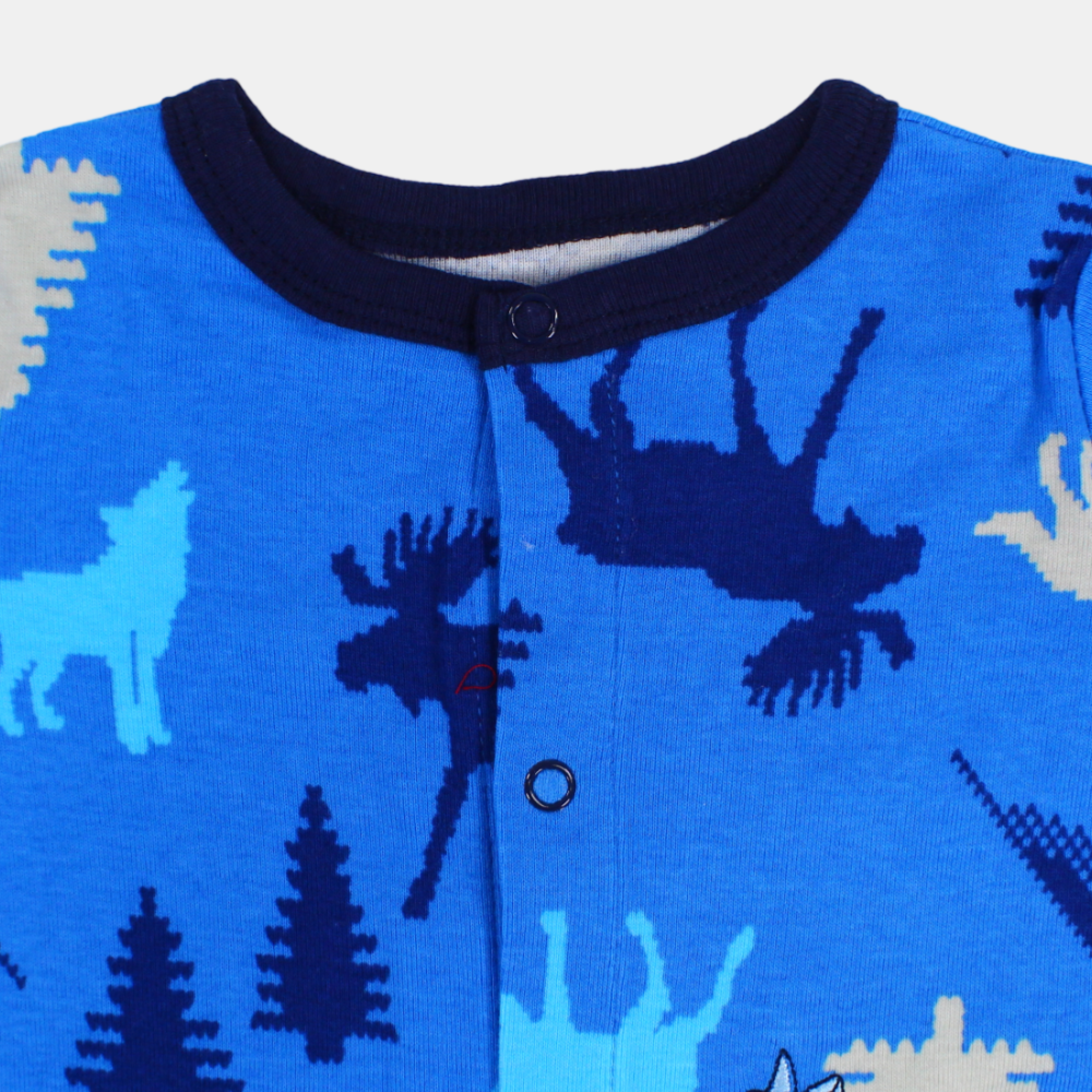 Baby Boys Cotton Romper – Blue with Wolf Design