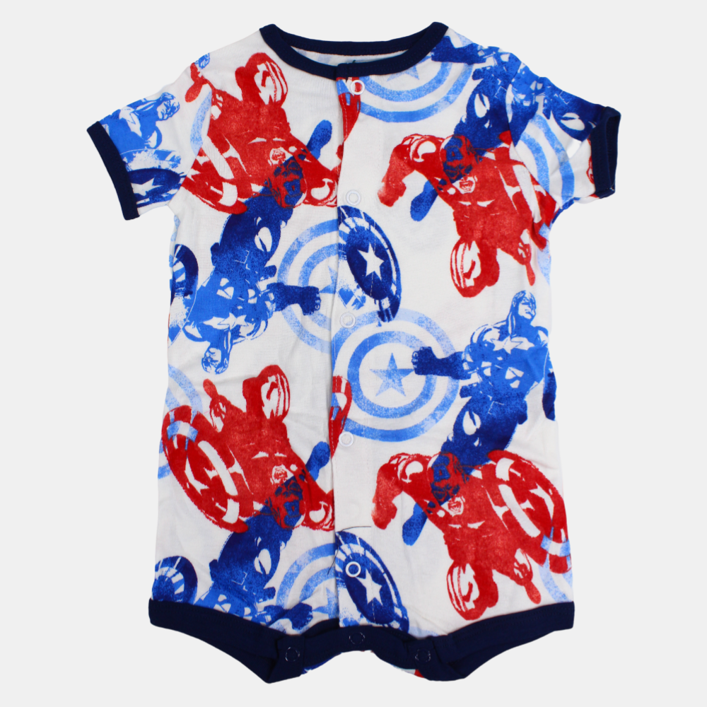 Baby Boys Cotton Romper – White with Captain America Design