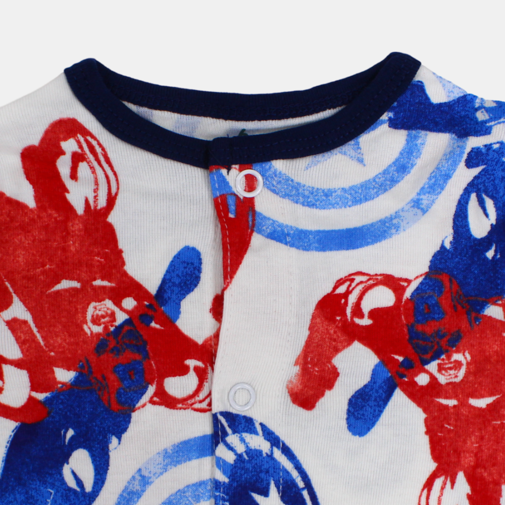Baby Boys Cotton Romper – White with Captain America Design