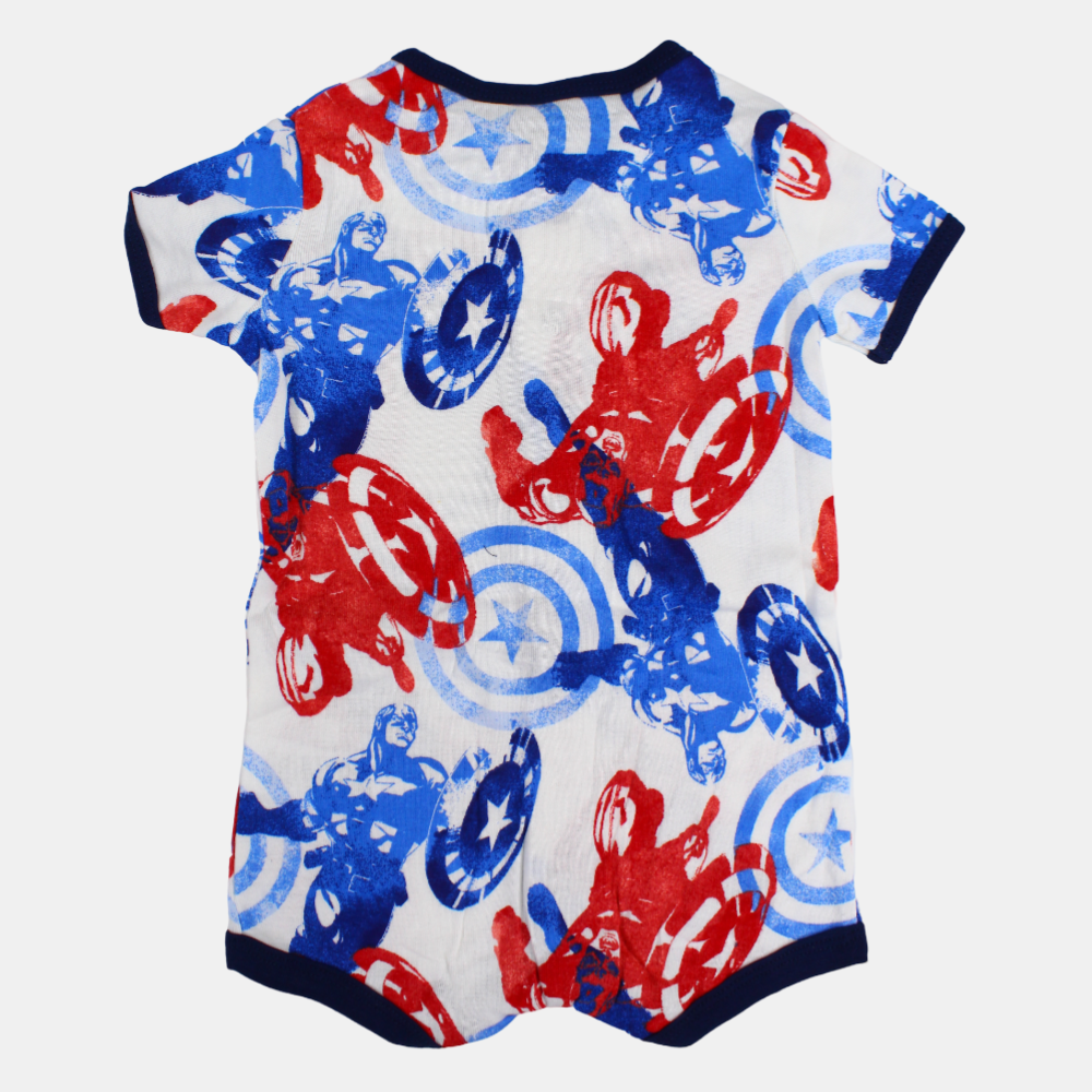 Baby Boys Cotton Romper – White with Captain America Design