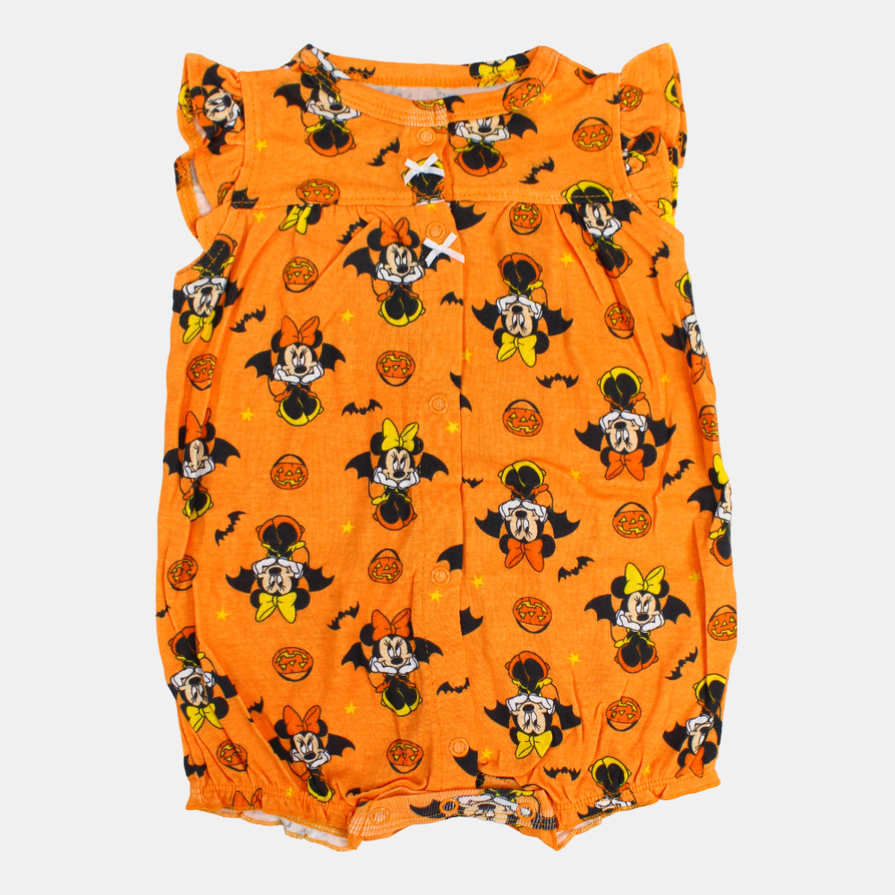Baby Girls Sleeveless Cotton Romper – Orange with Minnie Mouse Print