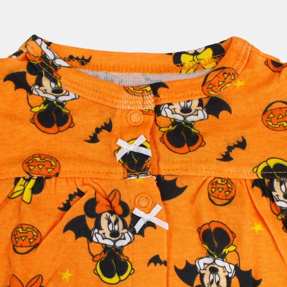 Baby Girls Sleeveless Cotton Romper – Orange with Minnie Mouse Print