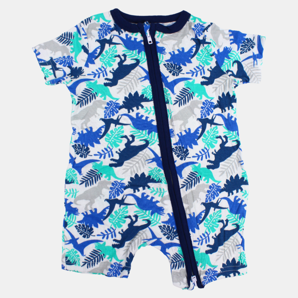 Unisex Baby Cotton Romper – White with Blue Dinosaurs Print