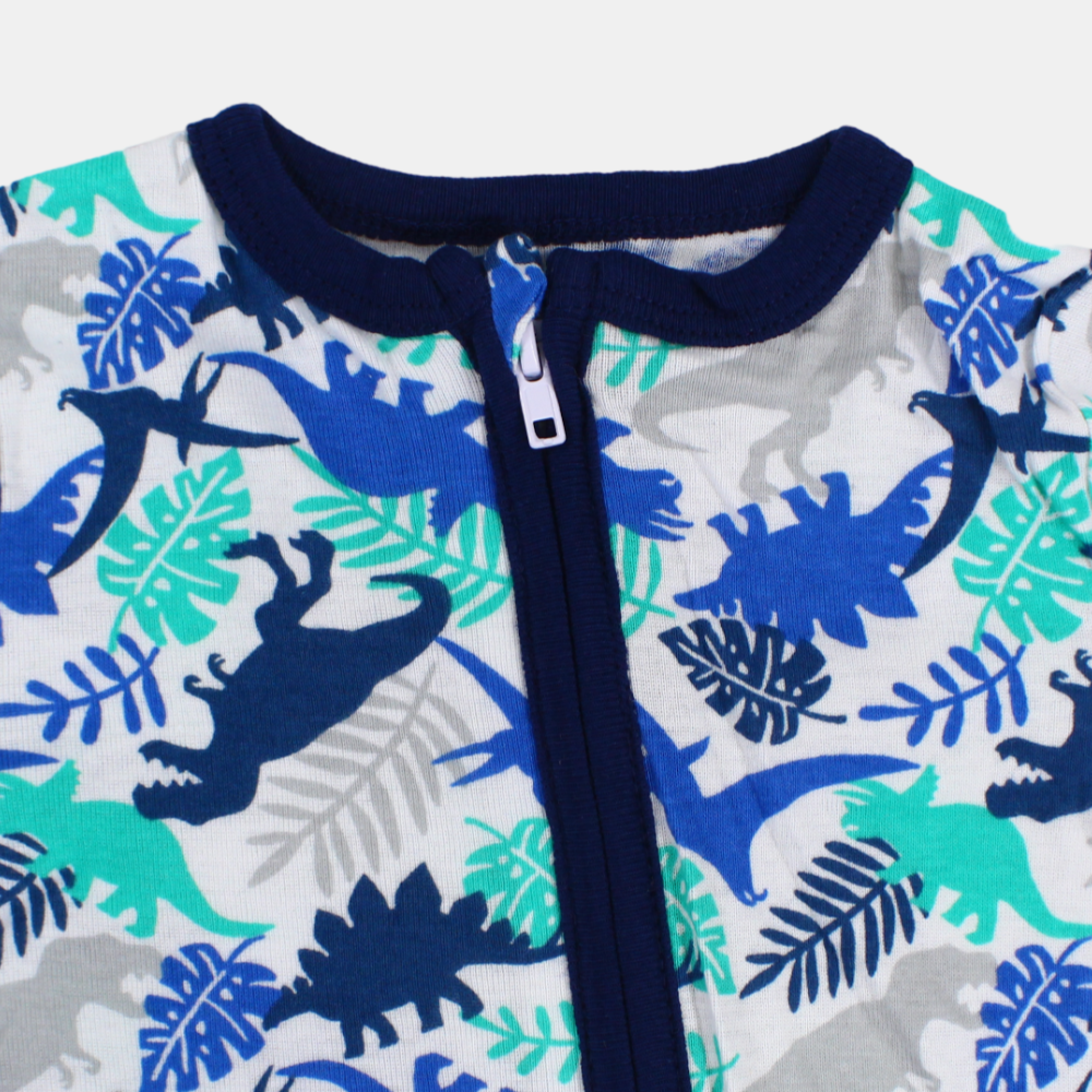 Unisex Baby Cotton Romper – White with Blue Dinosaurs Print