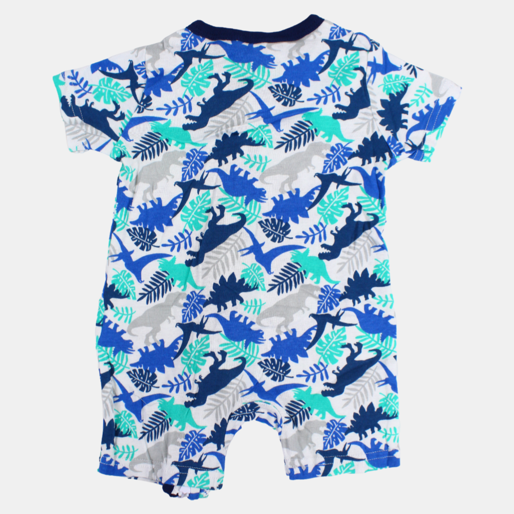 Unisex Baby Cotton Romper – White with Blue Dinosaurs Print