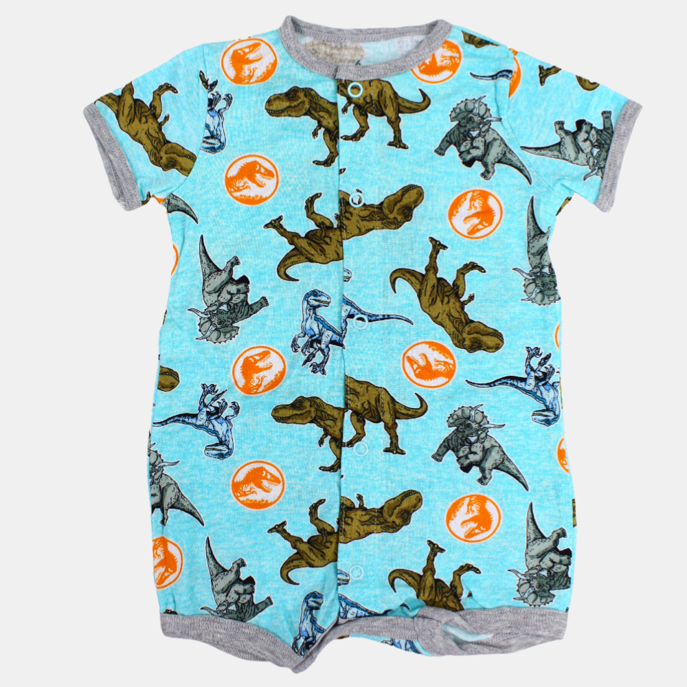 Baby Boys Cotton Romper – Aqua with Dinosaurs Print