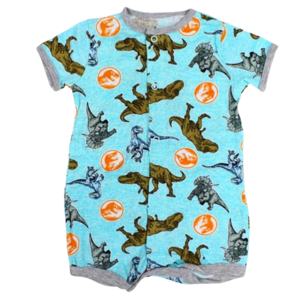Baby Boys Cotton Romper – Aqua with Dinosaurs Print