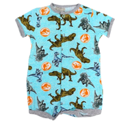 Baby Boys Cotton Romper – Aqua with Dinosaurs Print