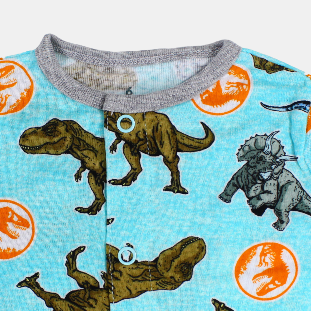 Baby Boys Cotton Romper – Aqua with Dinosaurs Print