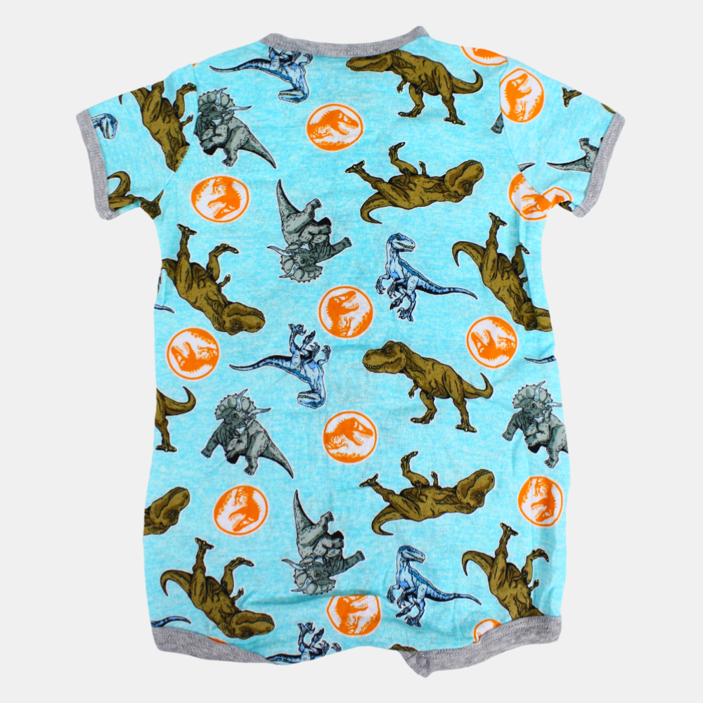 Baby Boys Cotton Romper – Aqua with Dinosaurs Print