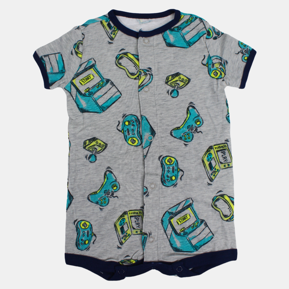 Baby Boys Cotton Romper – Grey with Arcade Games Print