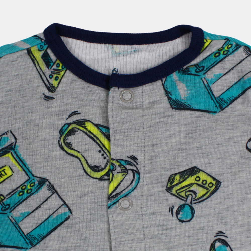 Baby Boys Cotton Romper – Grey with Arcade Games Print