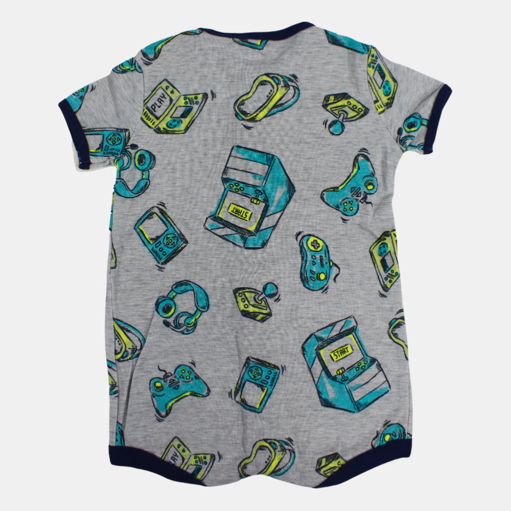 Baby Boys Cotton Romper – Grey with Arcade Games Print