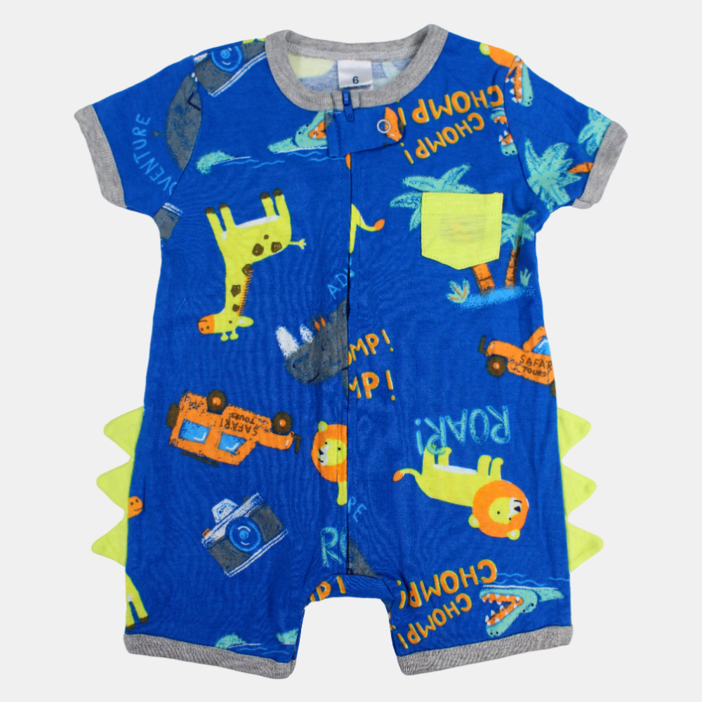 Baby Boys Cotton Romper – Blue with Animals Print