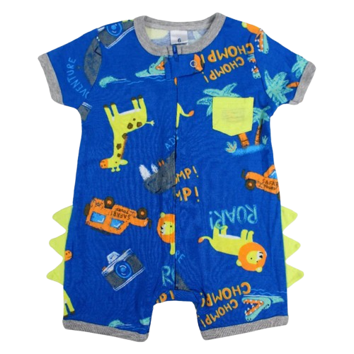 Baby Boys Cotton Romper – Blue with Animals Print