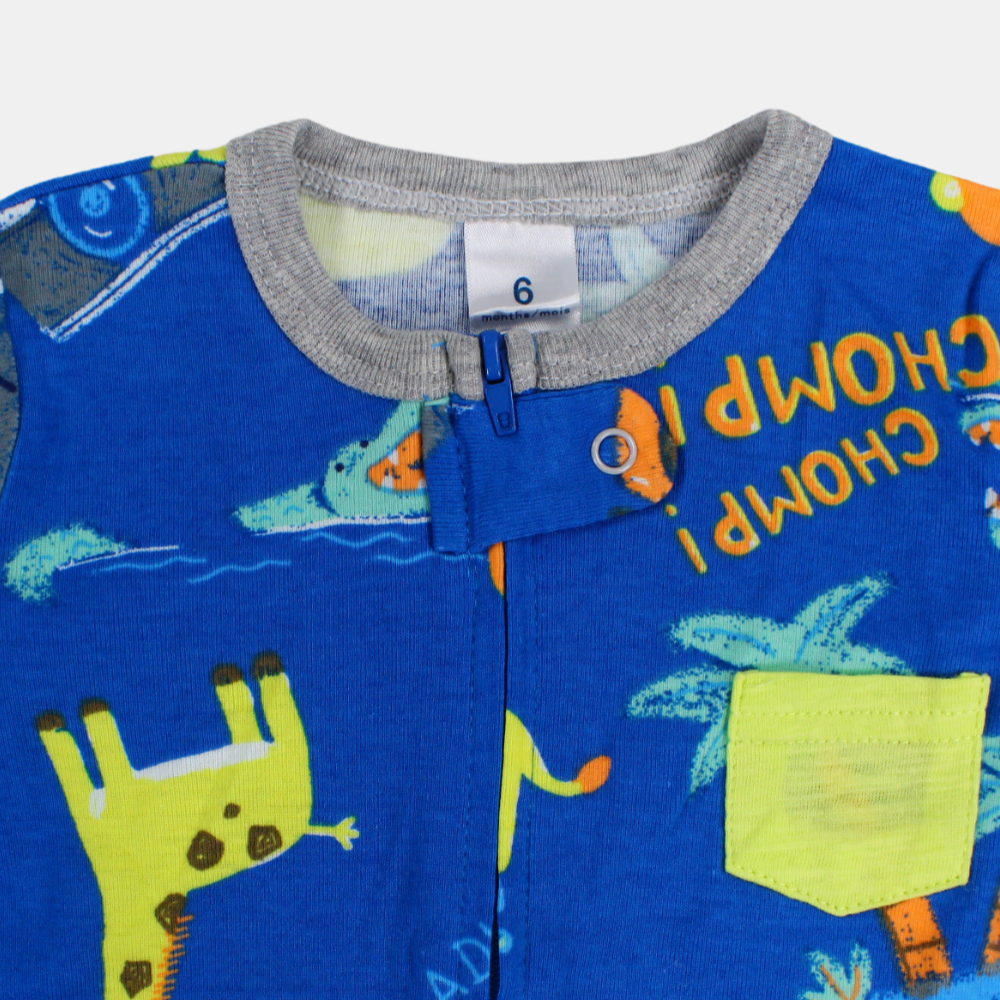 Baby Boys Cotton Romper – Blue with Animals Print