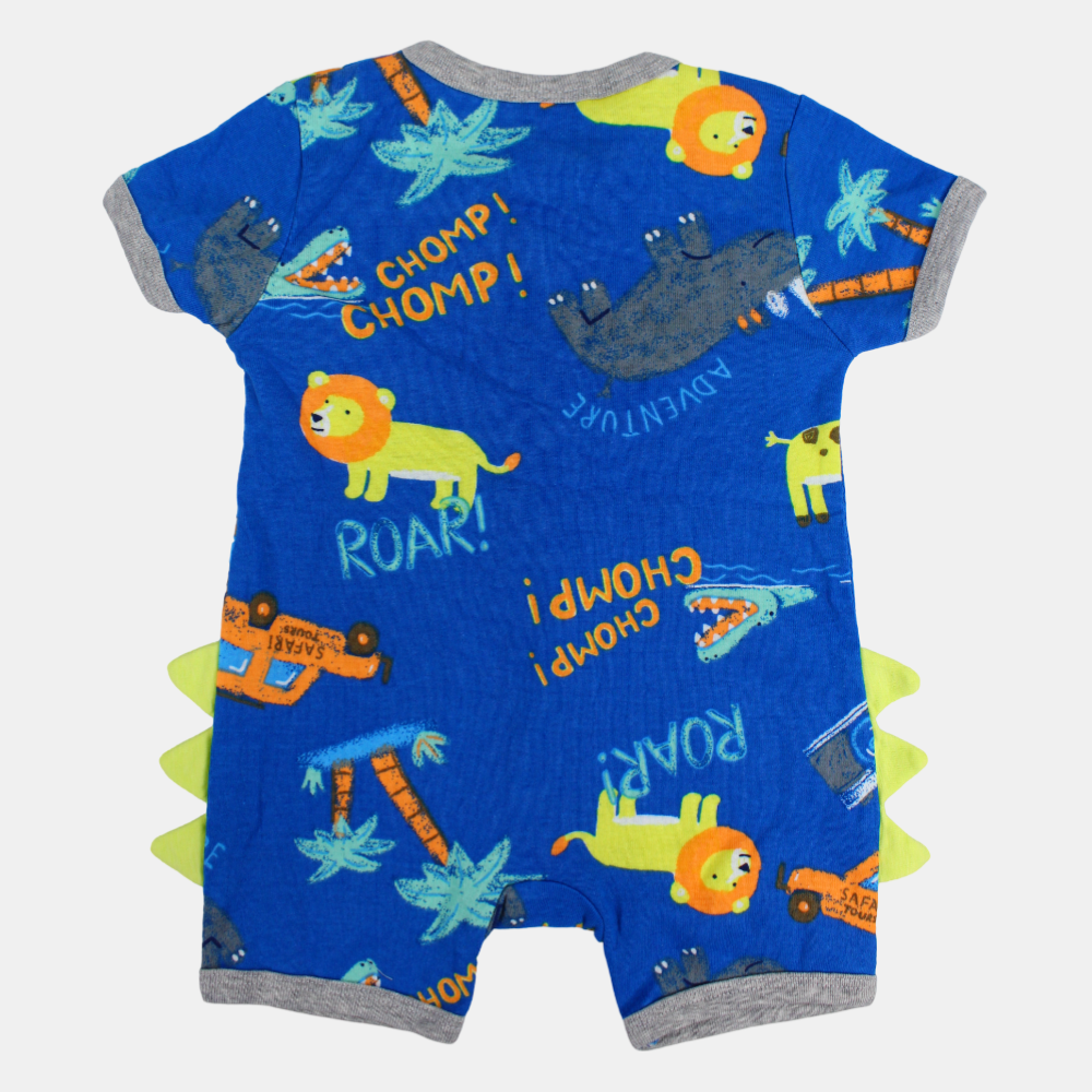 Baby Boys Cotton Romper – Blue with Animals Print