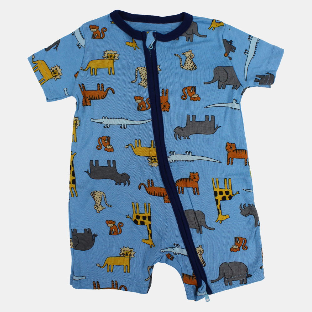 Baby Boys Cotton Romper – Baby Blue with Animals Print
