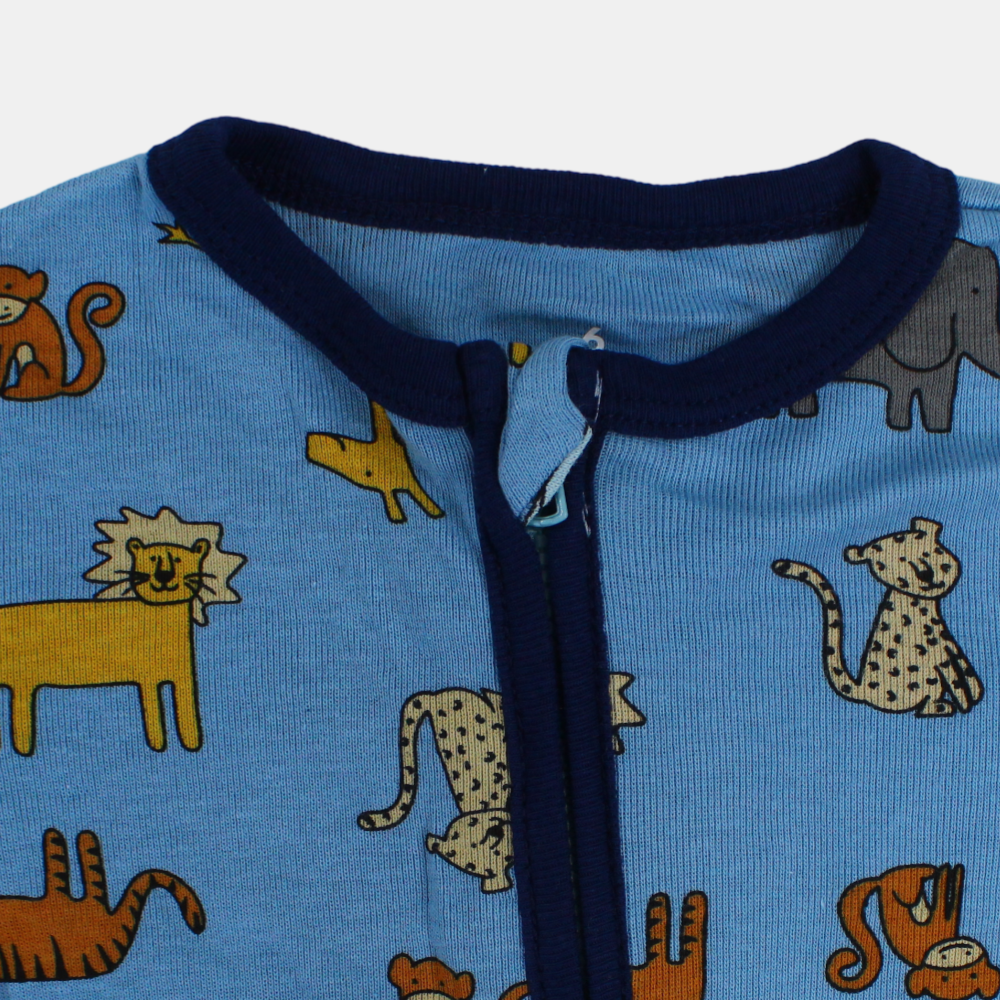 Baby Boys Cotton Romper – Baby Blue with Animals Print