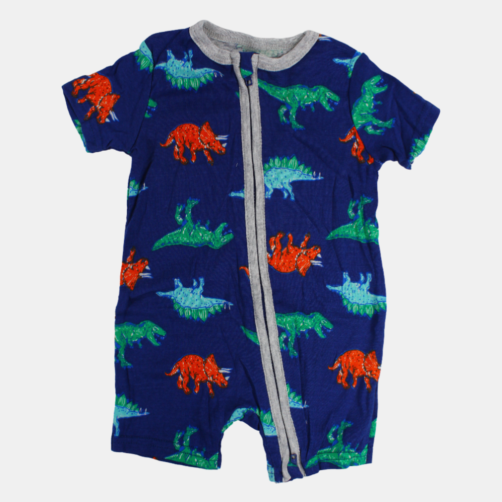 Baby Boys Cotton Romper – Indigo with Dinosaurs Print