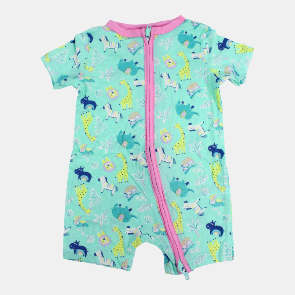 Baby Girls Cotton Romper – Aqua with Animals Print