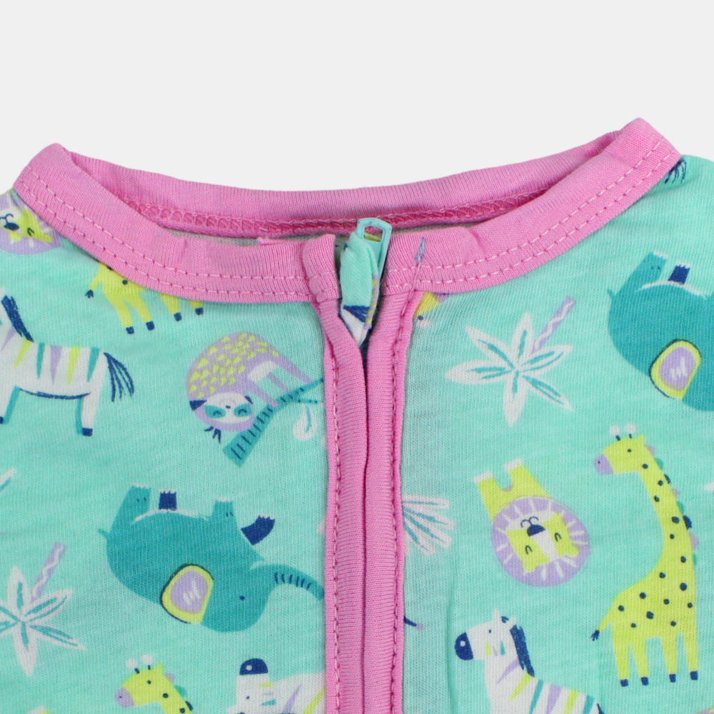 Baby Girls Cotton Romper – Aqua with Animals Print
