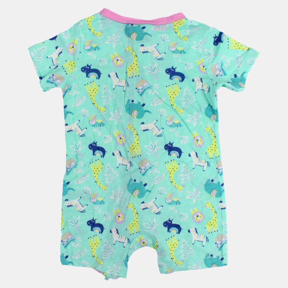 Baby Girls Cotton Romper – Aqua with Animals Print