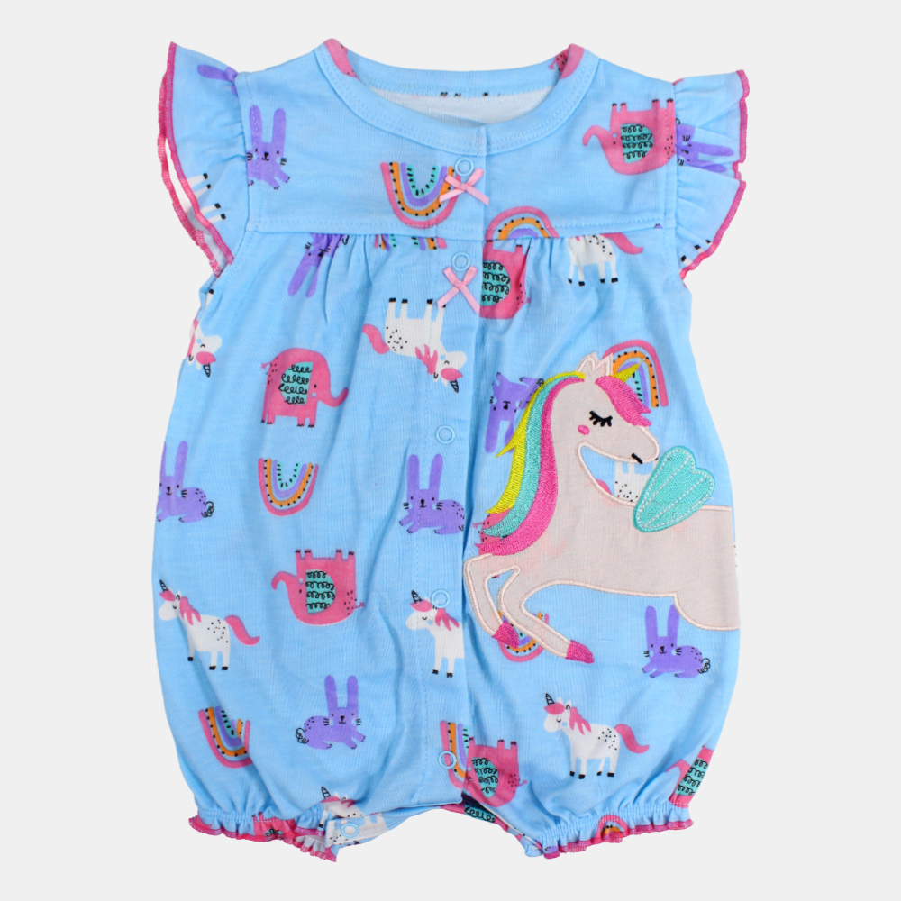 Baby Girls Cotton Romper – Light Blue with Unicorn & Elephant Print