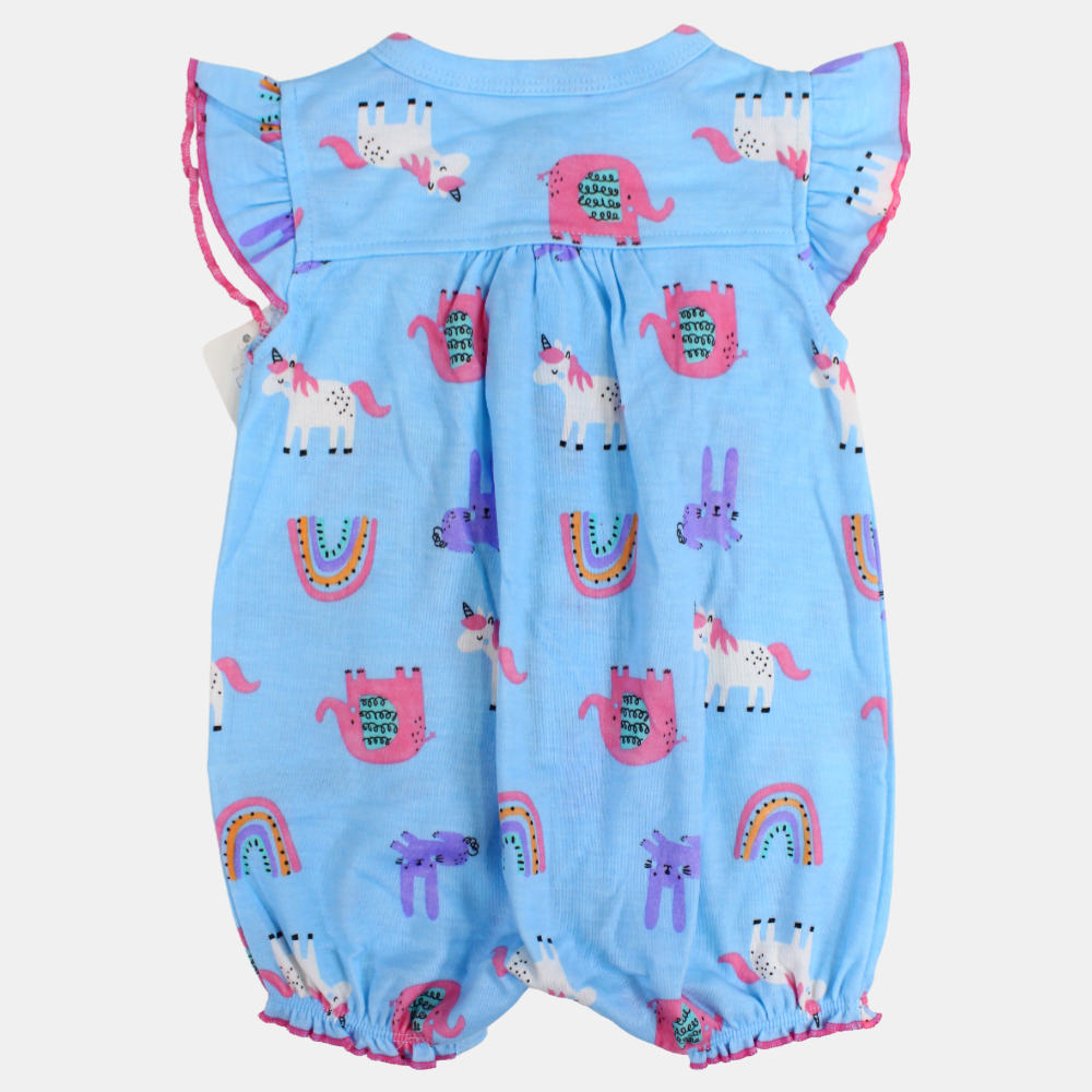 Baby Girls Cotton Romper – Light Blue with Unicorn & Elephant Print