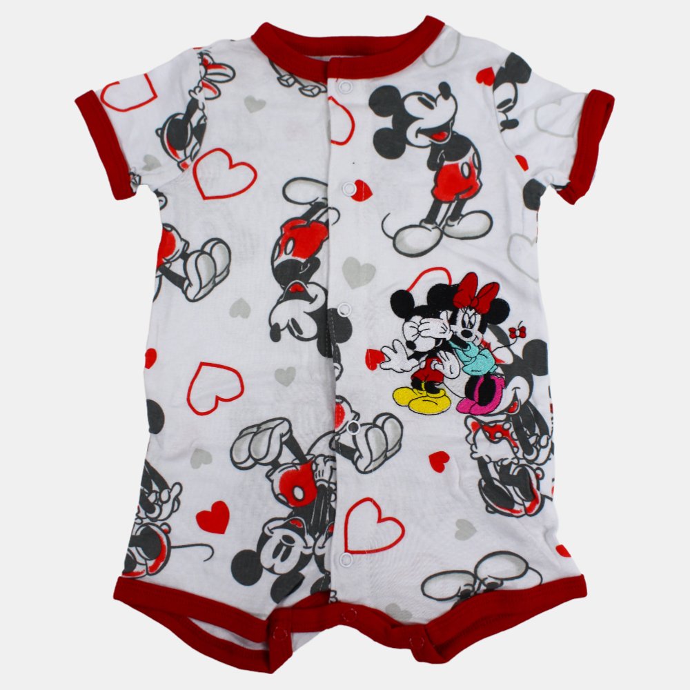Baby Girls Short-Sleeved Cotton Romper – White with Mickey Mouse Print