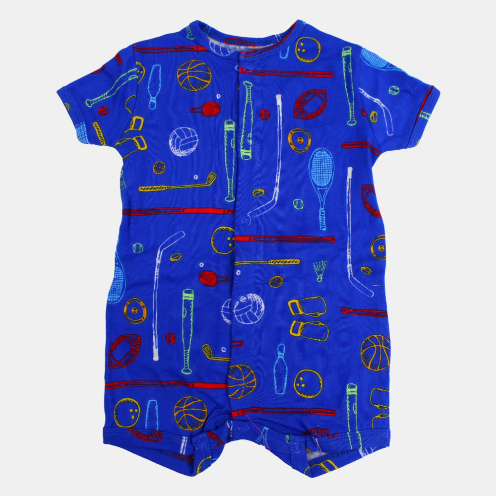 Baby Boys Cotton Romper – Blue with Sports Print