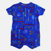 Baby Boys Cotton Romper – Blue with Sports Print