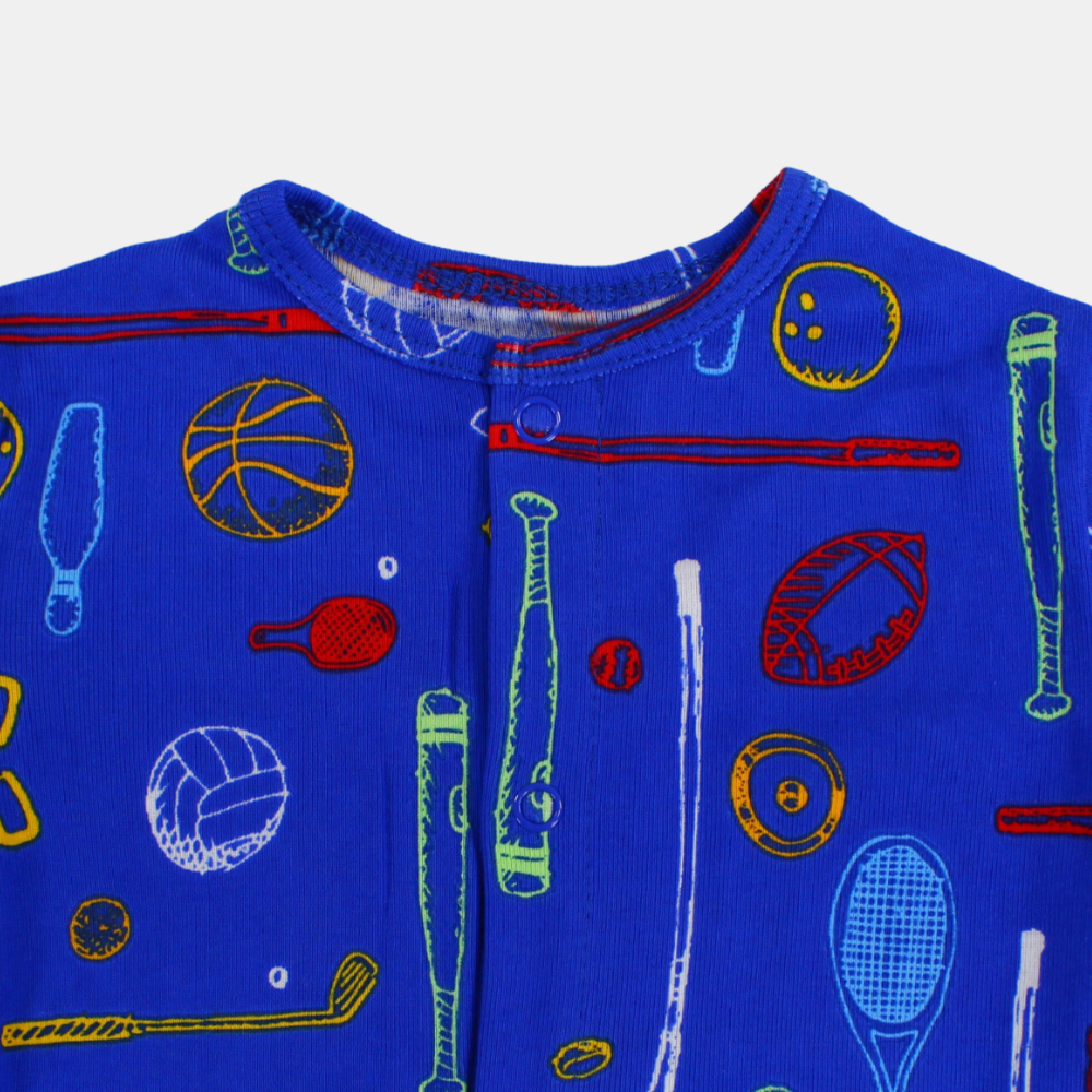 Baby Boys Cotton Romper – Blue with Sports Print