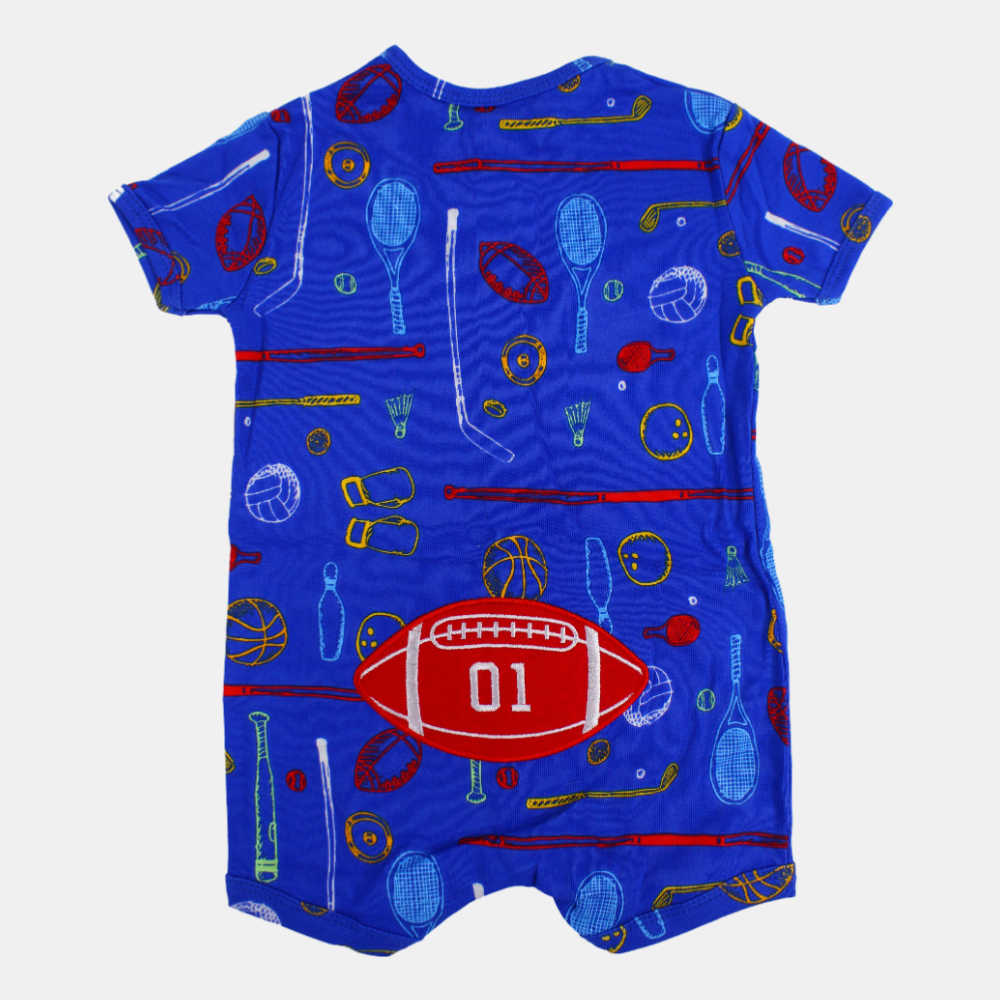Baby Boys Cotton Romper – Blue with Sports Print