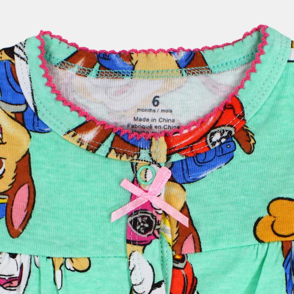 Baby Girls Cotton Romper – Pistachio with Paw Patrol Design