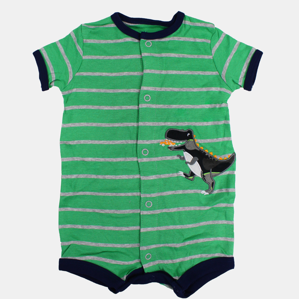 Baby Boys Cotton Romper – Green Striped with Dinosaur Print