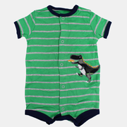 Baby Boys Cotton Romper – Green Striped with Dinosaur Print