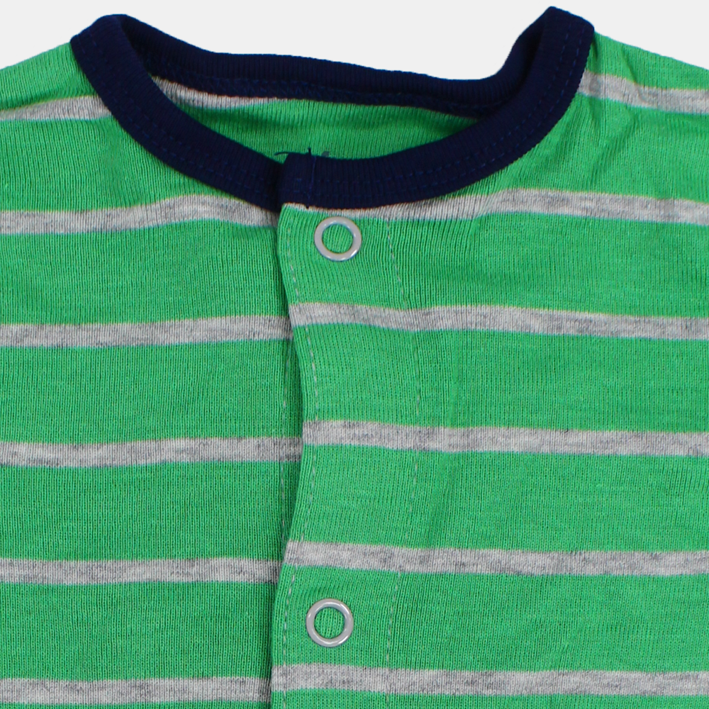 Baby Boys Cotton Romper – Green Striped with Dinosaur Print