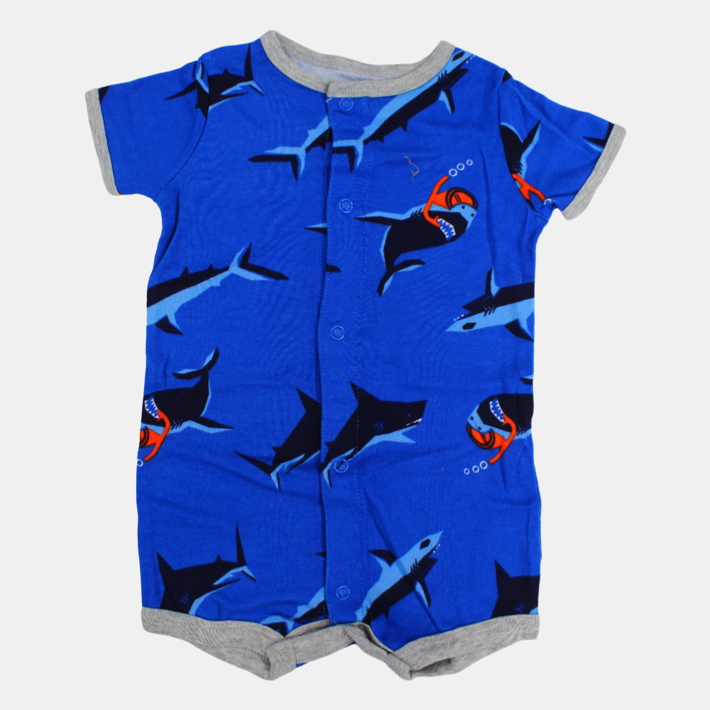 Baby Boys Cotton Romper – Blue with Dolphin Print